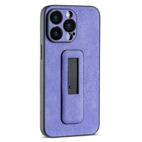 Funda de teléfono iPhone 12 Pro Max a prueba de golpes con soporte push-pull de cuero PU (Púrpura)