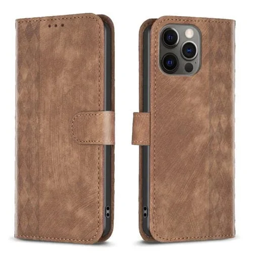 Funda de teléfono iPhone 12 Pro Max Cuero en relieve a cuadros (Marrón)