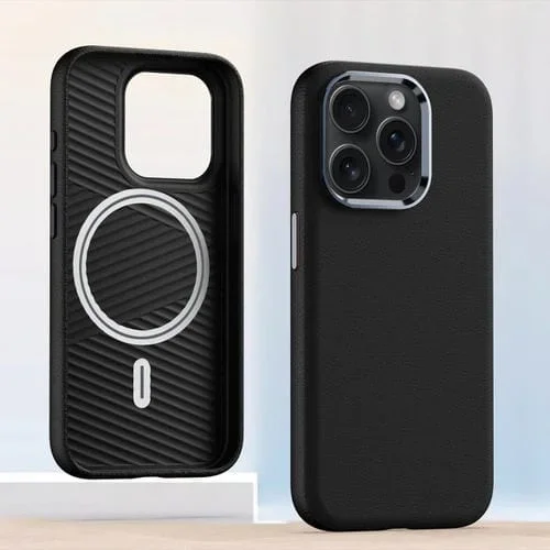 Funda de Teléfono iPhone 12 Pro Max Marco de Lente de Metal Magsafe Cuero a Prueba de Golpes Cobertura Total (Negro)