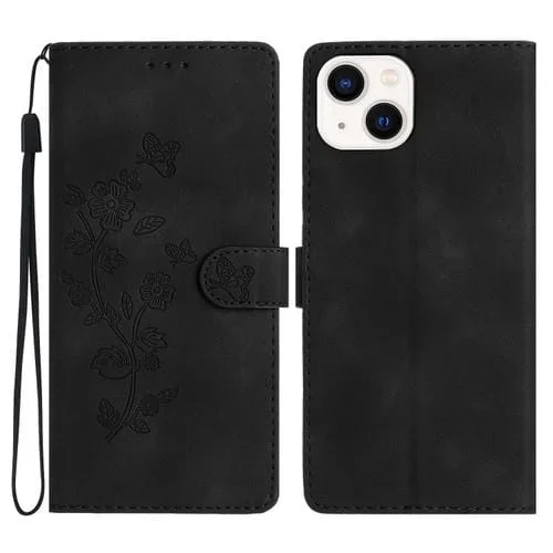 Funda de teléfono iPhone 13 Mini cuero con estampado de flores en relieve (Negro)