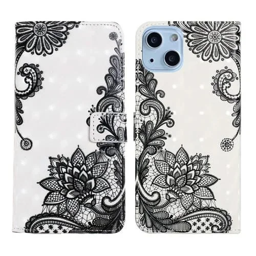 Funda de Teléfono iPhone 13 Mini Cuero Dibujo 3D En Relieve al Óleo (Flor de Encaje)