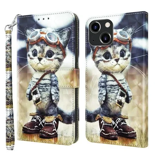 Funda de Teléfono iPhone 13 Mini Cuero Pintado 3D Gato Travieso