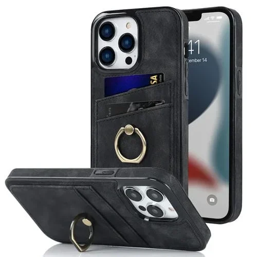 Funda de Teléfono iPhone 13 Pro Cuero Parche Vintage Soporte para Anillo (Negro)