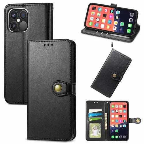 Funda de teléfono iPhone 13 Pro Max hebilla cuero color sólido cordón marco fotos ranura tarjeta billetera soporte (Negro)