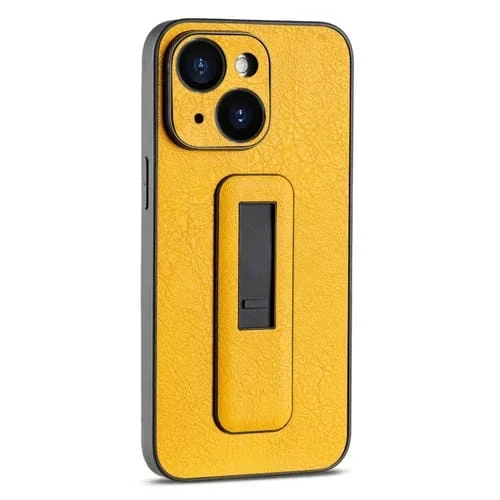 Funda de Teléfono iPhone 14 Plus a Prueba de Golpes con Soporte Push-Pull de Cuero Pu (Amarillo)