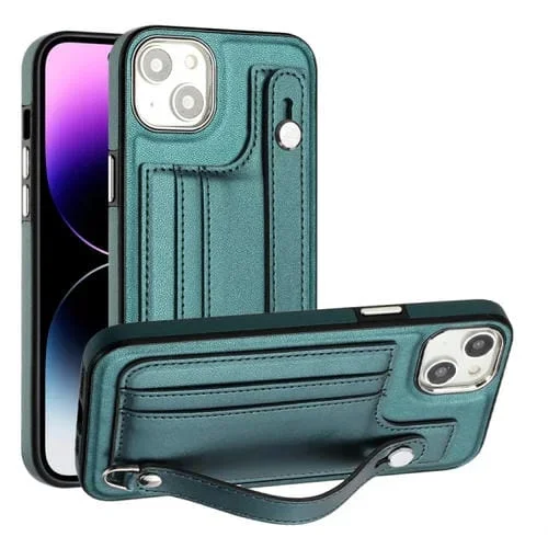 Funda de Teléfono iPhone 15 Cuero a Prueba de Golpes con Correa para Muñeca (Verde)