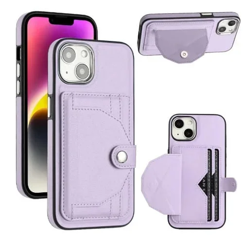 Funda de Teléfono iPhone 15 Cuero a Prueba de Golpes con Tarjetero (Púrpura)