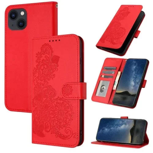 Funda de Teléfono iPhone 15 Cuero con Tapa en Relieve Flores Datura (Rojo)
