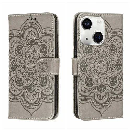 Funda de Teléfono iPhone 15 Cuero Estampado Sun Mandala (Gris)