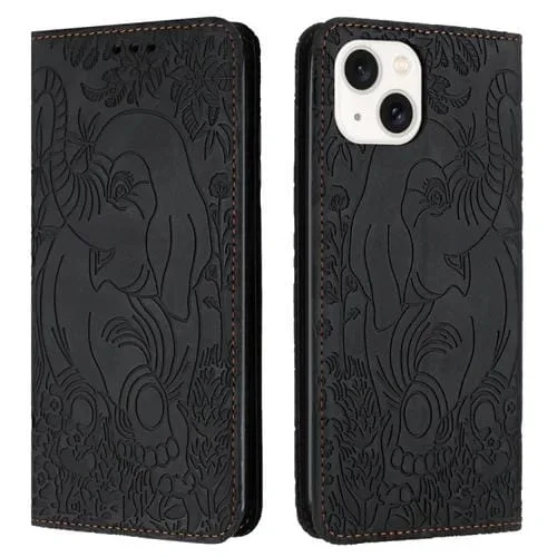 Funda de Teléfono iPhone 15 Cuero Relieve Elefante Retro (Negro)