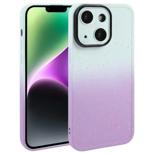 Funda de teléfono iPhone 15 Plus silicona estrellada degradada con Película de Lente (Blanco Púrpura)