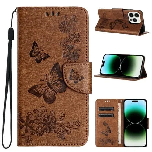 Funda de teléfono iPhone 15 Pro cuero con tapa en relieve de mariposa (Marrón)