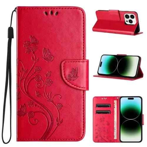 Funda de Teléfono iPhone 15 Pro Cuero con Tapa y Patrón de Flores de Mariposa (Rojo)