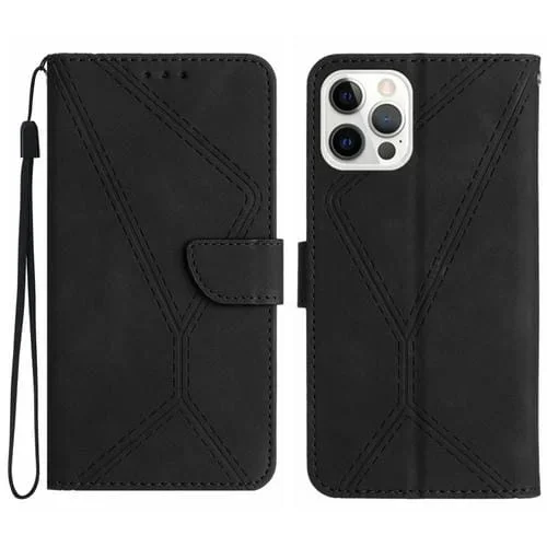 Funda de Teléfono iPhone 15 Pro Cuero En Relieve con Costuras (Negro)