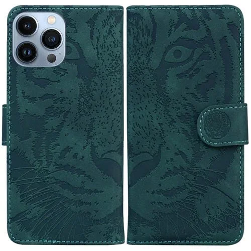 Funda de Teléfono iPhone 15 Pro Cuero Estampado Tigre En Relieve (Verde)