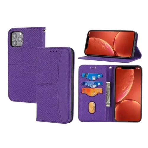 Funda de Teléfono iPhone 15 Pro Cuero Magnético Costura Textura Tejida (Púrpura)