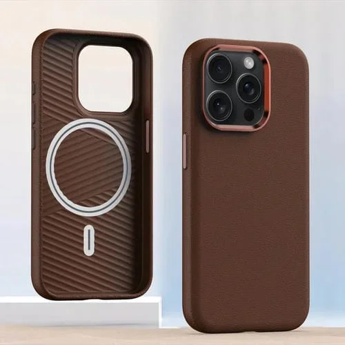 Funda de Teléfono iPhone 15 Pro Marco de Lente de Metal Magsafe Cuero a Prueba de Golpes Cobertura Total (Marrón)