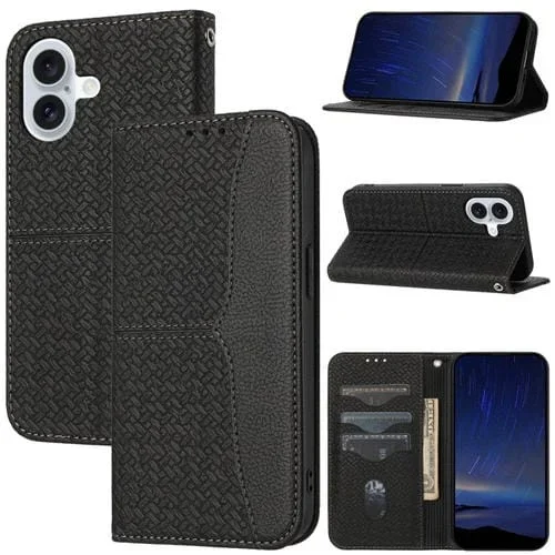 Funda de Teléfono iPhone 16 Cuero Magnético Costura Textura Tejida (Negro)