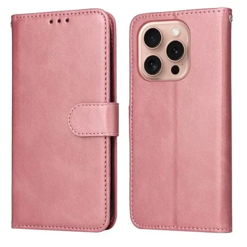 Funda de Teléfono iPhone 16 Pro Cuero con Tapa Textura Becerro (Oro Rosa)