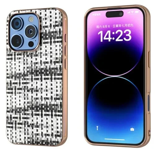 Funda de Teléfono iPhone 16 Pro Max Textura de PU con Marco Galvanizado y Enrejado (Negro)