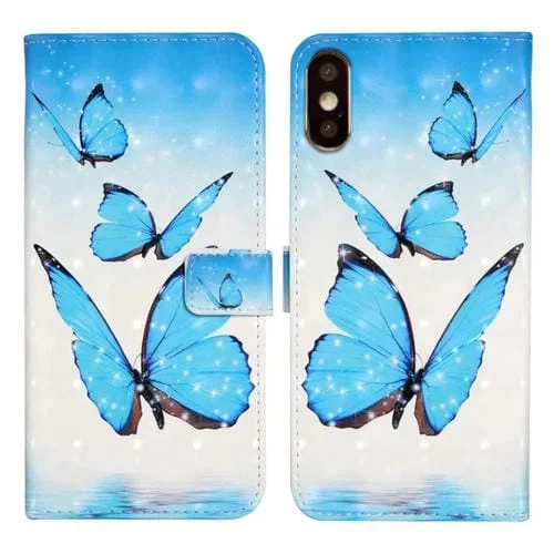 Funda de Teléfono iPhone Xs Max Cuero Dibujo 3D en Relieve al Óleo (3 Mariposas)
