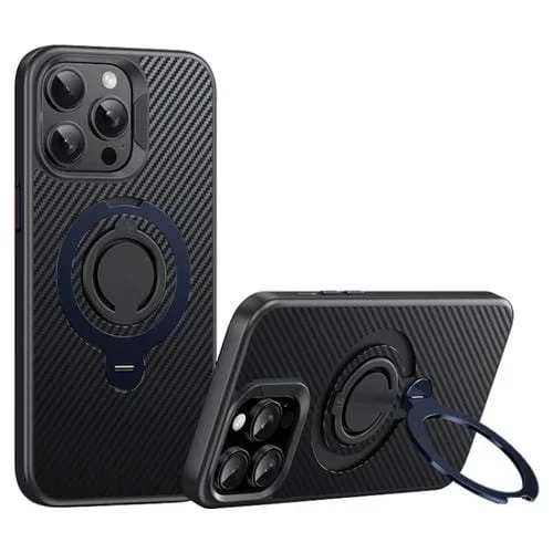 Funda de Teléfono Magsafe Fibra de Carbono para iPhone 13 Pro Max con Soporte Giratorio 360 (Negro y Azul)