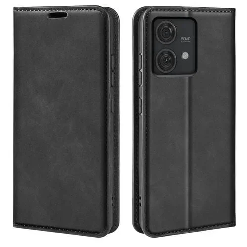 Funda de Teléfono Motorola Edge 40 Neo Cuero con Succión Magnética Piel Retro (Negro)