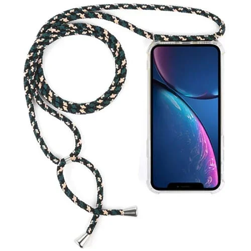 Funda de Teléfono Móvil para iPhone Xr TPU Transparente Anticaída Cuatro Esquinas con Cordón (Verde Beige Negro)