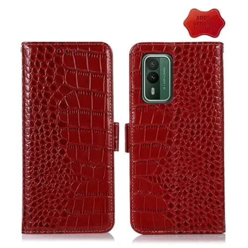 Funda de Teléfono Nokia Xr21 Cuero de Vaca con Capa Superior de Cocodrilo (Rojo)