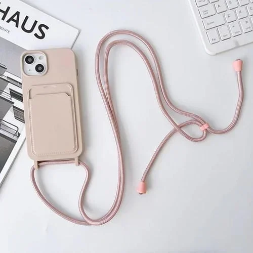 Funda de teléfono para iPhone 11 Crossbody Lanyard con tarjetero de silicona elástica (Rosa)