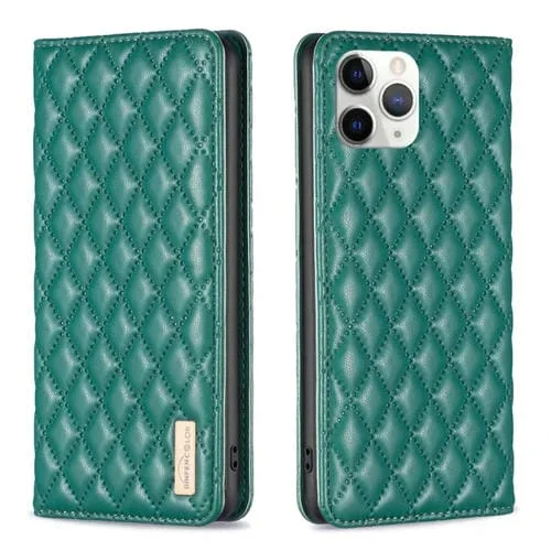 Funda de Teléfono para iPhone 11 Pro Diamond Lattice con Tapa de Cuero Magnético (Verde)
