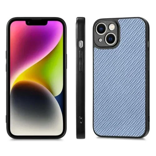 Funda de teléfono para iPhone 12 con tapa Trasera de cuero y textura de fibra de carbono (Azul)