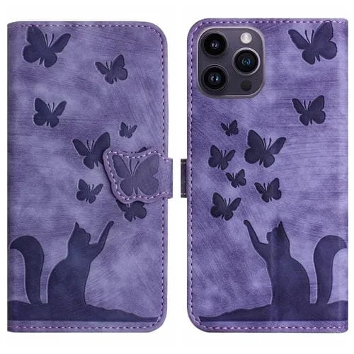 Funda de Teléfono para iPhone 13 Pro Butterfly Cat de Cuero con Tapa en Relieve (Púrpura)