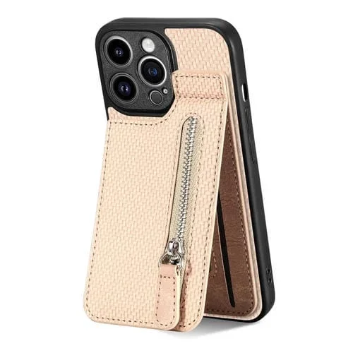Funda de teléfono para iPhone 13 Pro con cremallera vertical de fibra de carbono (Caqui)