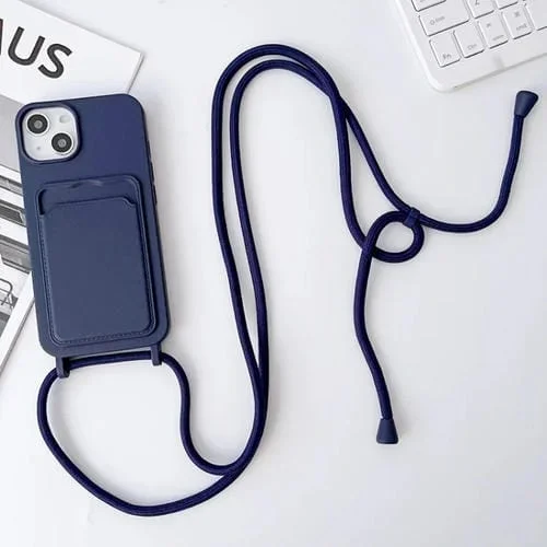 Funda de teléfono para iPhone 13 Pro Crossbody Lanyard con tarjetero de silicona elástica (Azul Oscuro)