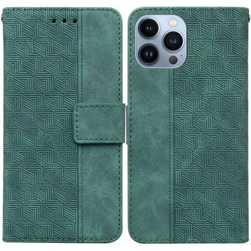 Funda de Teléfono para iPhone 13 Pro Cuero Relieve Geométrico (Verde)