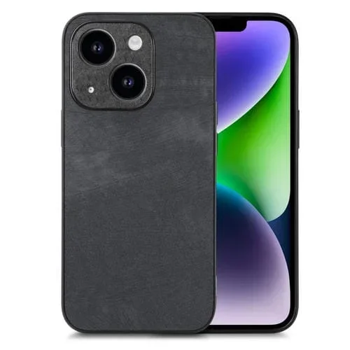 Funda de Teléfono para iPhone 14 con Contraportada de PC de Cuero Vintage (Negro)