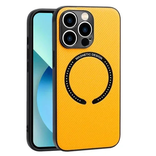 Funda de teléfono para iPhone 14 Magsafe con textura de fibra de carbono magnética (Amarillo)