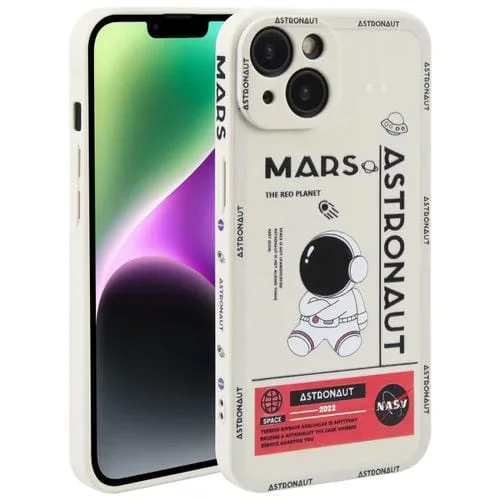 Funda de teléfono para iPhone 14 Patrón de Astronauta Borde Recto Silicona (Astronauta de Marte-Blanco)