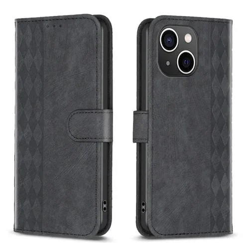 Funda de Teléfono para iPhone 15 Cuero En Relieve a Cuadros (Negro)