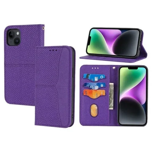 Funda de Teléfono para iPhone 15 Cuero Magnético con Costura y Textura Tejida (Púrpura)