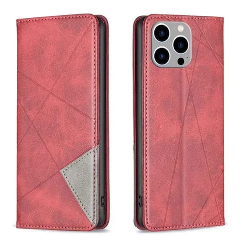 Funda de Teléfono para iPhone 15 Pro Max Rhombus Texture Cuero Magnético (Rojo)