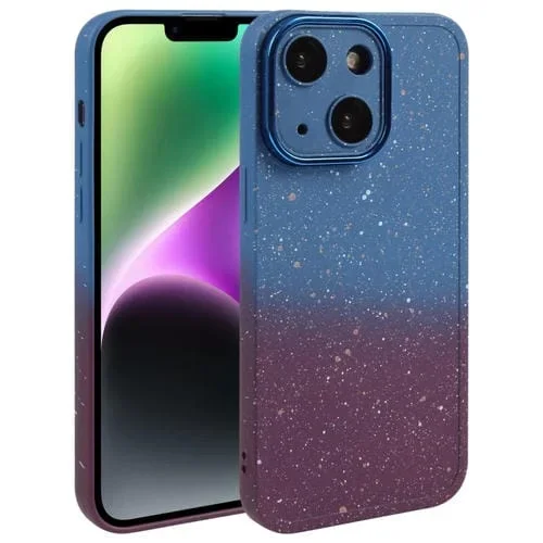 Funda de Teléfono para iPhone 15 Silicona Estrellada Degradada con Película de Lente (Azul Rojo)