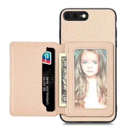 Funda de Teléfono para iPhone SE 2022/2020/7/8 con Bolsa de Tarjeta Magnética Fibra de Carbono (Caqui)