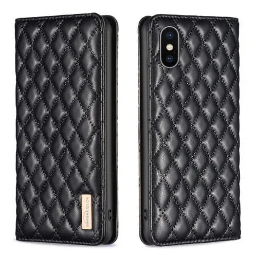 Funda de Teléfono para iPhone Xs Max Diamond Lattice con Tapa de Cuero Magnético (Negro)