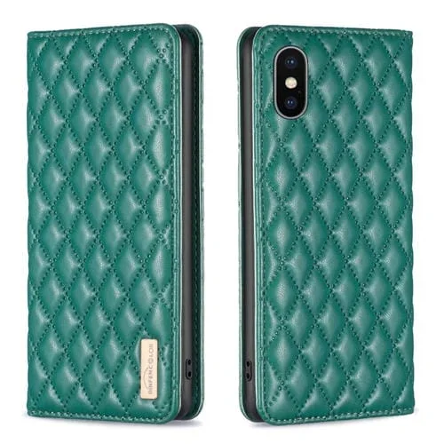 Funda de Teléfono para iPhone Xs Max Diamond Lattice con Tapa de Cuero Magnético (Verde)