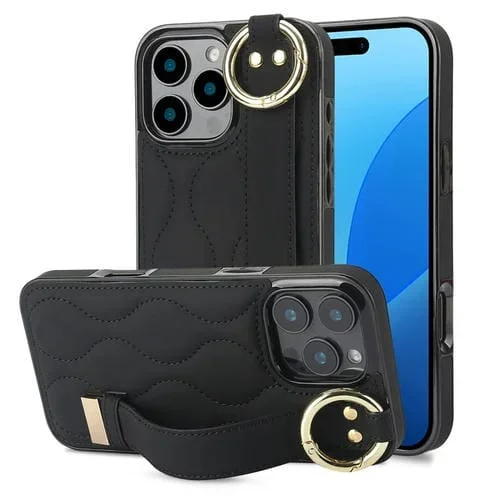 Funda de teléfono PU con anillo cobertura total antideslizante para iPhone 16 Pro Max con pulsera (Negro)