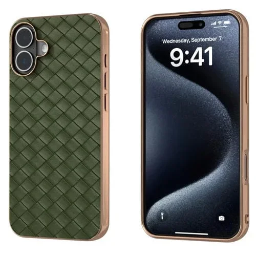 Funda de Teléfono PU con Textura Tejida y Marco Galvanizado para iPhone 16 Plus (Verde)