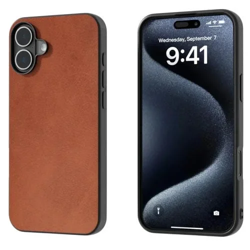 Funda de teléfono PU iPhone 16 Plus textura becerro dos colores marco negro (Marrón)