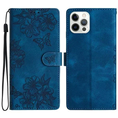 Funda de teléfono PU Mariposa Flor de Cerezo para iPhone 15 Pro Max (Azul)